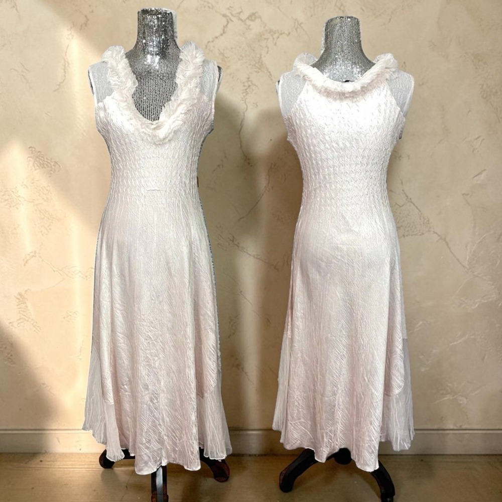 Komarov Crinkle Chiffon Ruffle Trim A-Line Midi Dress Large Pink Romantic Date